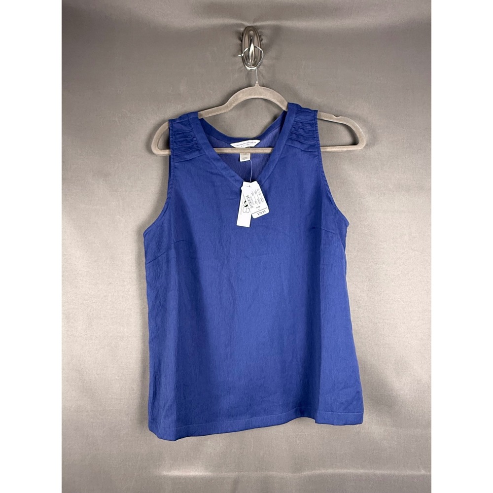 Christopher & Banks Tank Top Women PM Blue V-Neck Pleated Shoulder NWT